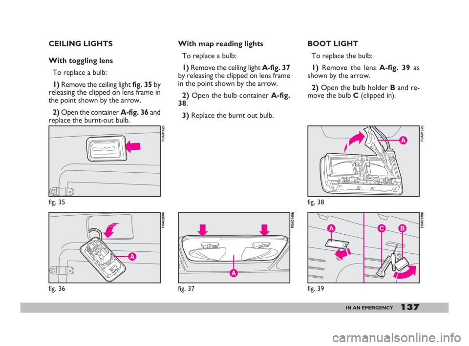 FIAT DOBLO 2008 1.G Owners Manual 137IN AN EMERGENCY
CEILING LIGHTS
With toggling lens
To replace a bulb:
1)Remove the ceiling lightfig. 35by
releasing the clipped on lens frame in
the point shown by the arrow.
2)Open the container A-