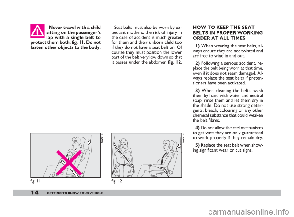 FIAT DOBLO 2008 1.G User Guide 14GETTING TO KNOW YOUR VEHICLE
fig. 12
F0A0012b
fig. 11
F0A0011b
Seat belts must also be worn by ex-
pectant mothers: the risk of injury in
the case of accident is much greater
for them and their unbo FIAT DOBLO 2008 1.G User Guide 14GETTING TO KNOW YOUR VEHICLE
fig. 12
F0A0012b
fig. 11
F0A0011b
Seat belts must also be worn by ex-
pectant mothers: the risk of injury in
the case of accident is much greater
for them and their unbo