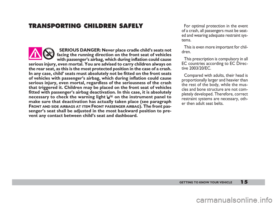 FIAT DOBLO 2008 1.G Owners Manual 15GETTING TO KNOW YOUR VEHICLE
TRANSPORTING CHILDREN SAFELYFor optimal protection in the event
of a crash, all passengers must be seat-
ed and wearing adequate restraint sys-
tems.
This is even more i