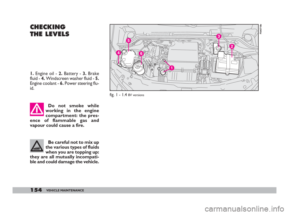 FIAT DOBLO 2008 1.G Owners Manual 154VEHICLE MAINTENANCE
CHECKING
THE LEVELS
Do not smoke while
working in the engine
compartment: the pres-
ence of flammable gas and
vapour could cause a fire.
Be careful not to mix up
the various typ