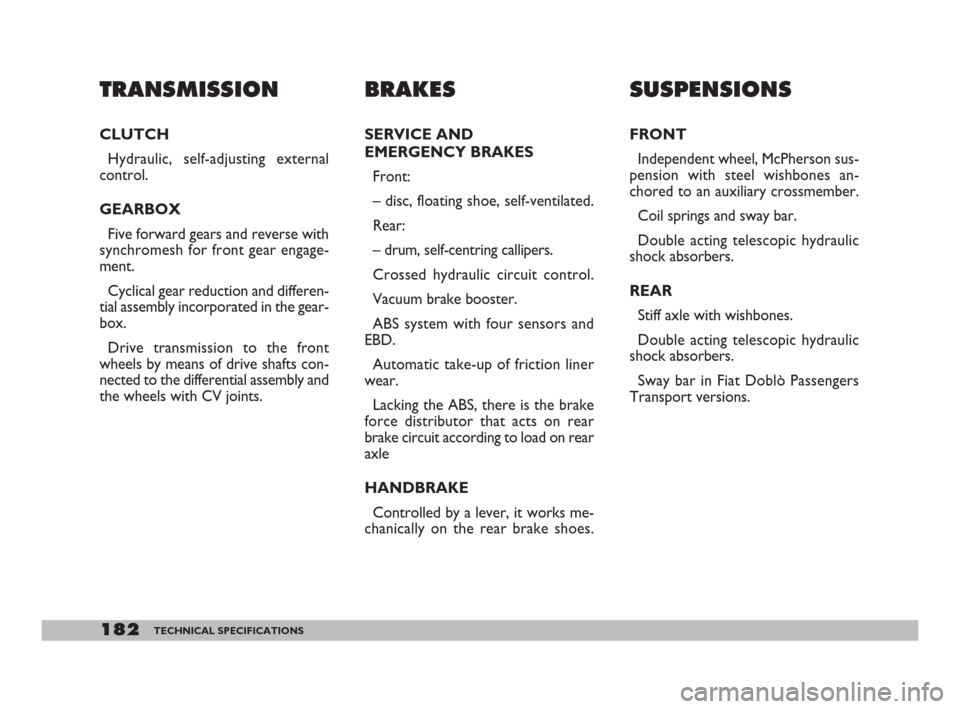 FIAT DOBLO 2008 1.G Owners Manual 182TECHNICAL SPECIFICATIONS
TRANSMISSION
CLUTCH 
Hydraulic, self-adjusting external
control.
GEARBOX
Five forward gears and reverse with
synchromesh for front gear engage-
ment.
Cyclical gear reductio