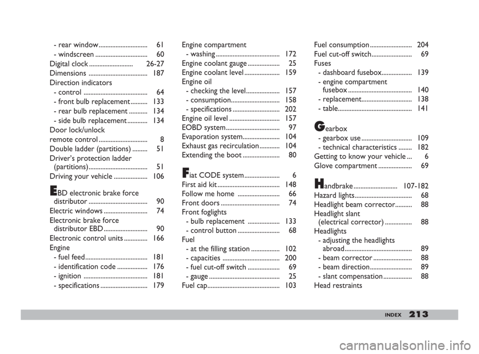 FIAT DOBLO 2008 1.G Owners Manual 213INDEX
- rear window ............................. 61
- windscreen ............................... 60
Digital clock .......................... 26-27
Dimensions ................................... 18