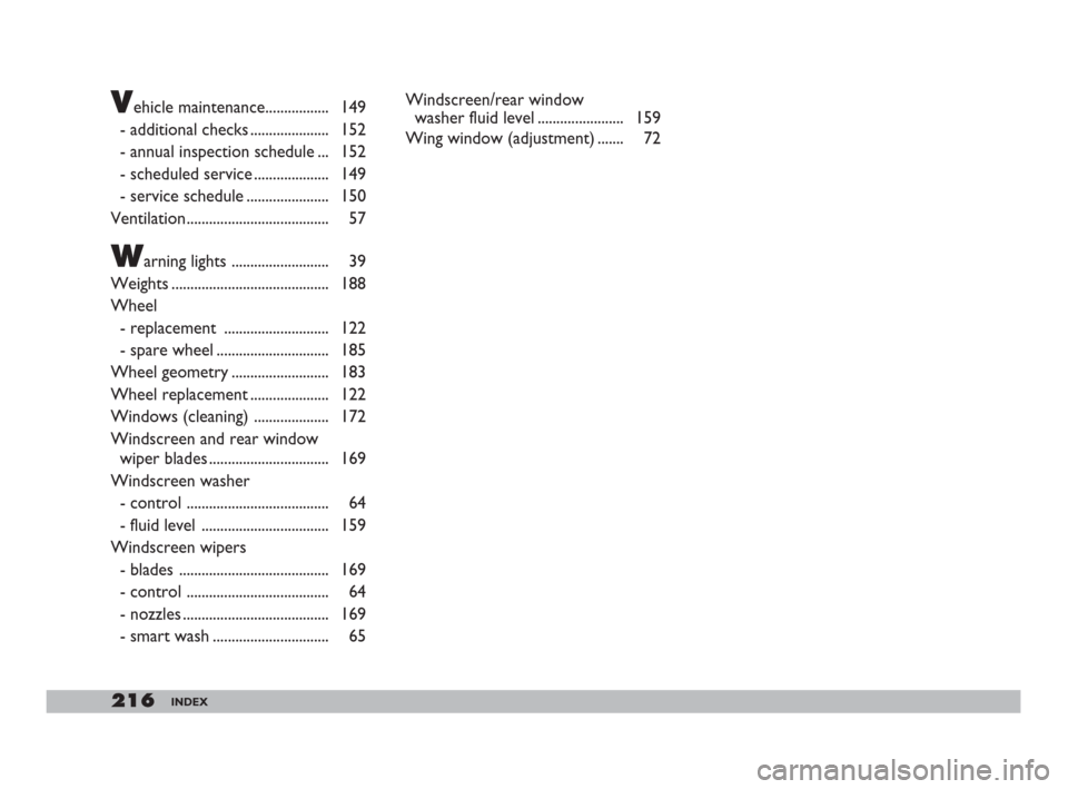 FIAT DOBLO 2008 1.G Owners Manual 216INDEX
Vehicle maintenance................. 149
- additional checks ..................... 152
- annual inspection schedule ... 152
- scheduled service .................... 149
- service schedule ...
