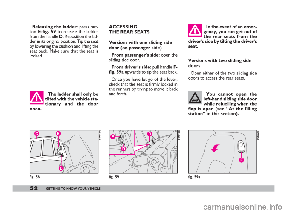 FIAT DOBLO 2008 1.G Workshop Manual The ladder shall only be
tilted with the vehicle sta-
tionary and the door
open.
52GETTING TO KNOW YOUR VEHICLE
You cannot open the
left-hand sliding side door
while refuelling when the
flap is open ( FIAT DOBLO 2008 1.G Workshop Manual The ladder shall only be
tilted with the vehicle sta-
tionary and the door
open.
52GETTING TO KNOW YOUR VEHICLE
You cannot open the
left-hand sliding side door
while refuelling when the
flap is open (