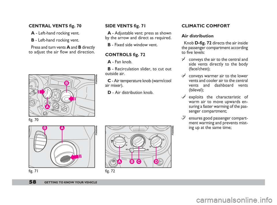 FIAT DOBLO 2008 1.G Owners Manual 58GETTING TO KNOW YOUR VEHICLE
CENTRAL VENTS fig. 70
A- Left-hand rocking vent.
B- Left-hand rocking vent.
Press and turn vents Aand Bdirectly
to adjust the air flow and direction.SIDE VENTS fig. 71
A