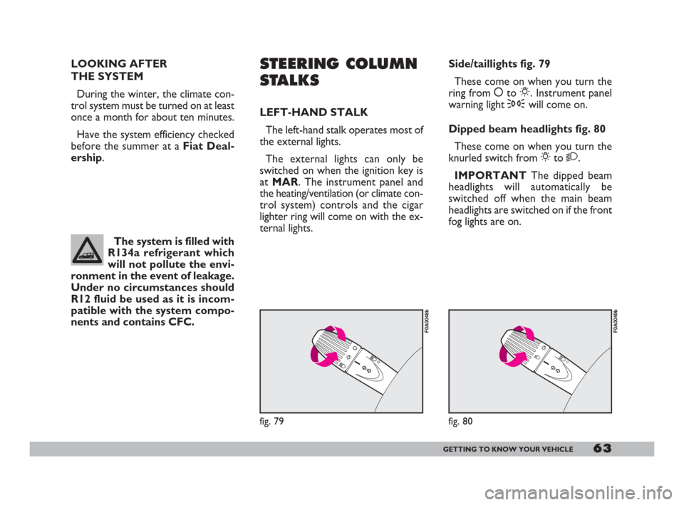 FIAT DOBLO 2008 1.G Owners Manual 63GETTING TO KNOW YOUR VEHICLE
LOOKING AFTER 
THE SYSTEM
During the winter, the climate con-
trol system must be turned on at least
once a month for about ten minutes.
Have the system efficiency check