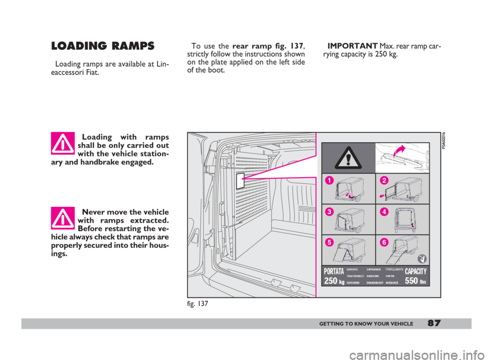 FIAT DOBLO 2008 1.G Manual Online 87GETTING TO KNOW YOUR VEHICLE
LOADING RAMPS
Loading ramps are available at Lin-
eaccessori Fiat.
Never move the vehicle
with ramps extracted.
Before restarting the ve-
hicle always check that ramps a FIAT DOBLO 2008 1.G Manual Online 87GETTING TO KNOW YOUR VEHICLE
LOADING RAMPS
Loading ramps are available at Lin-
eaccessori Fiat.
Never move the vehicle
with ramps extracted.
Before restarting the ve-
hicle always check that ramps a