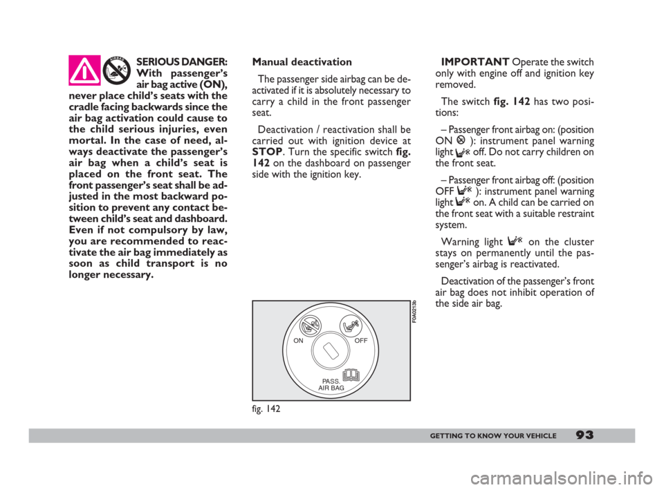 FIAT DOBLO 2008 1.G Owners Manual 93GETTING TO KNOW YOUR VEHICLE
Manual deactivation
The passenger side airbag can be de-
activated if it is absolutely necessary to
carry a child in the front passenger
seat.
Deactivation / reactivatio