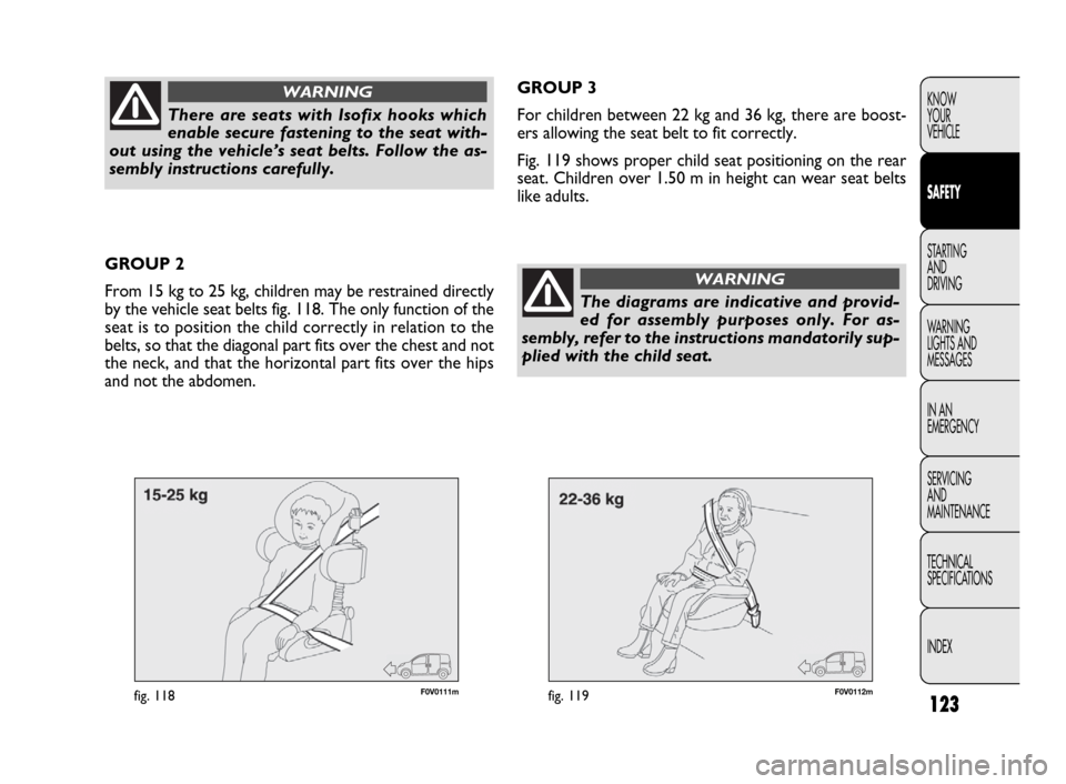 FIAT DOBLO 2009 2.G Owners Manual 123
KNOW
YOUR
VEHICLE
SAFETY
STARTING 
AND
DRIVING
WARNING 
LIGHTS AND
MESSAGES
IN AN 
EMERGENCY
SERVICING
AND
MAINTENANCE
TECHNICAL
SPECIFICATIONS
INDEX
F0V0111mfig. 118F0V0112mfig. 119
GROUP 3
For c