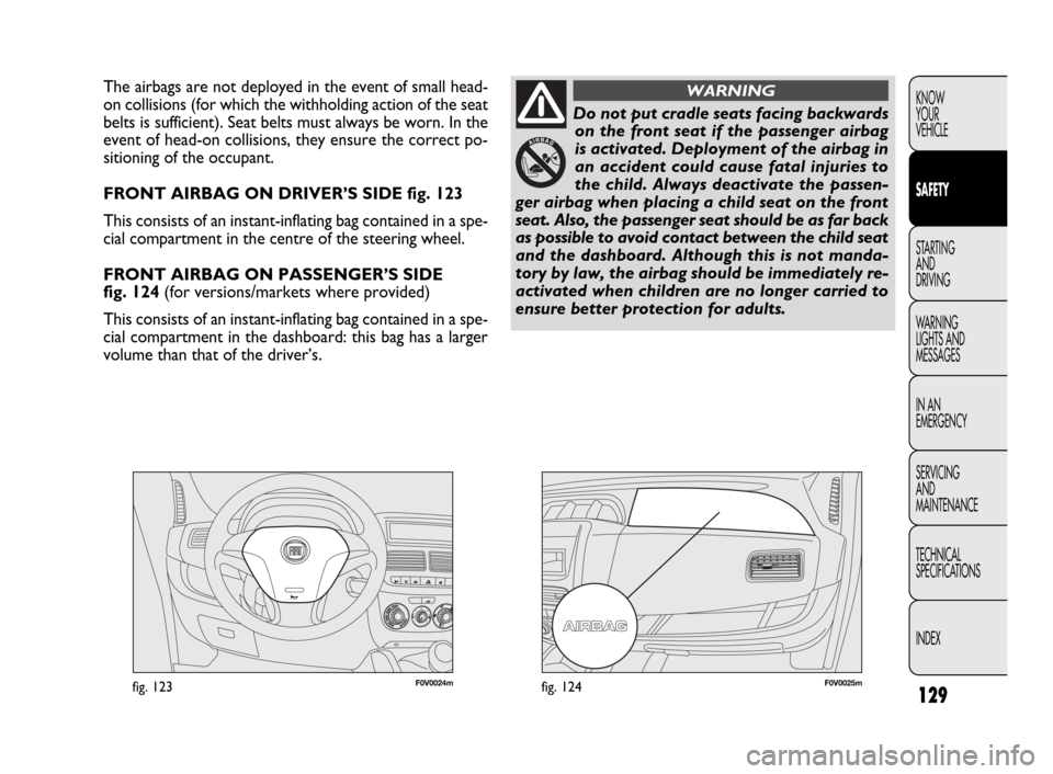 FIAT DOBLO 2009 2.G Owners Manual 129
KNOW
YOUR
VEHICLE
SAFETY
STARTING 
AND
DRIVING
WARNING 
LIGHTS AND
MESSAGES
IN AN 
EMERGENCY
SERVICING
AND
MAINTENANCE
TECHNICAL
SPECIFICATIONS
INDEX
F0V0024mfig. 123F0V0025mfig. 124
The airbags a
