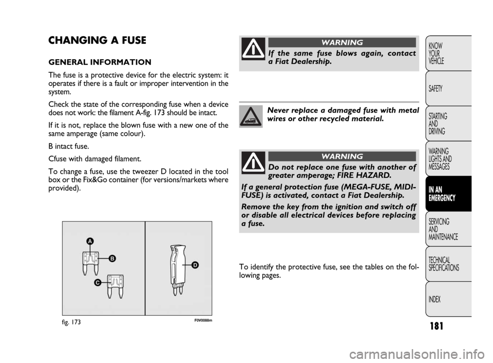 FIAT DOBLO 2009 2.G User Guide 181
KNOW
YOUR
VEHICLE
SAFETY
STARTING
AND
DRIVING
WARNING
LIGHTS AND
MESSAGES
IN AN
EMERGENCY
SERVICING
AND
MAINTENANCE
TECHNICAL
SPECIFICATIONS
INDEX
F0V0088mfig. 173
CHANGING A FUSE
GENERAL INFOR FIAT DOBLO 2009 2.G User Guide 181
KNOW
YOUR
VEHICLE
SAFETY
STARTING
AND
DRIVING
WARNING
LIGHTS AND
MESSAGES
IN AN
EMERGENCY
SERVICING
AND
MAINTENANCE
TECHNICAL
SPECIFICATIONS
INDEX
F0V0088mfig. 173
CHANGING A FUSE
GENERAL INFOR