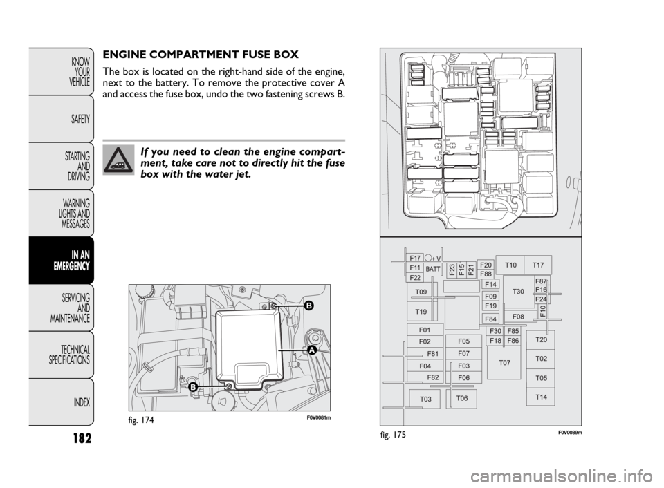 FIAT DOBLO 2009 2.G User Guide 182
KNOW
YOUR
VEHICLE
SAFETY
STARTING
AND
DRIVING
WARNING
LIGHTS AND
MESSAGES
IN AN
EMERGENCY
SERVICING
AND
MAINTENANCE
TECHNICAL
SPECIFICATIONS
INDEX
F0V0081mfig. 174
F0V0089mfig. 175
ENGINE COMPA FIAT DOBLO 2009 2.G User Guide 182
KNOW
YOUR
VEHICLE
SAFETY
STARTING
AND
DRIVING
WARNING
LIGHTS AND
MESSAGES
IN AN
EMERGENCY
SERVICING
AND
MAINTENANCE
TECHNICAL
SPECIFICATIONS
INDEX
F0V0081mfig. 174
F0V0089mfig. 175
ENGINE COMPA