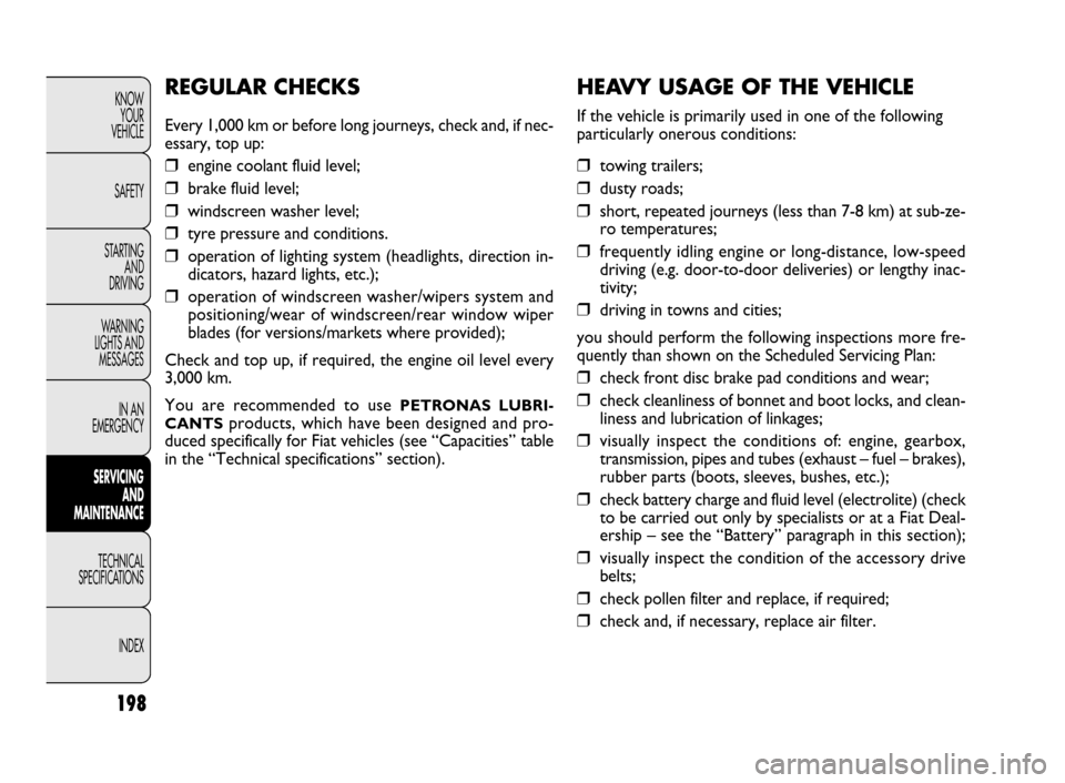 FIAT DOBLO 2009 2.G Owners Manual 198
KNOW
YOUR
VEHICLE
SAFETY
STARTING 
AND
DRIVING
WARNING 
LIGHTS AND
MESSAGES
IN AN 
EMERGENCY
SERVICING 
AND
MAINTENANCE
TECHNICAL
SPECIFICATIONS
INDEXHEAVY USAGE OF THE VEHICLE
If the vehicle is p