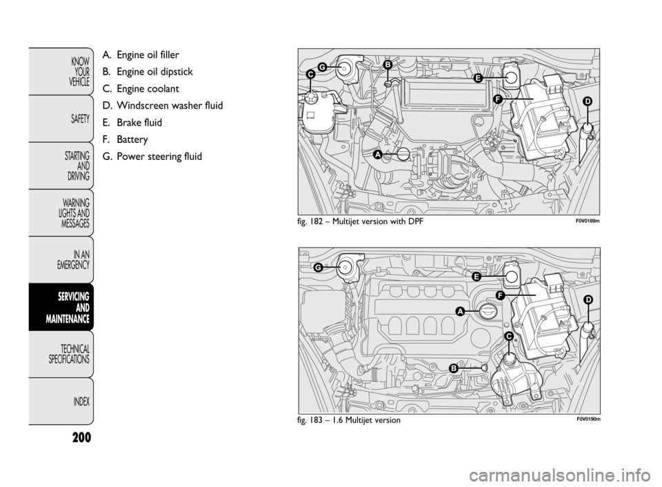 FIAT DOBLO 2009 2.G User Guide 200
KNOW
YOUR
VEHICLE
SAFETY
STARTING 
AND
DRIVING
WARNING 
LIGHTS AND
MESSAGES
IN AN 
EMERGENCY
SERVICING 
AND
MAINTENANCE
TECHNICAL
SPECIFICATIONS
INDEX
fig. 182 – Multijet version with DPF
fig. 1