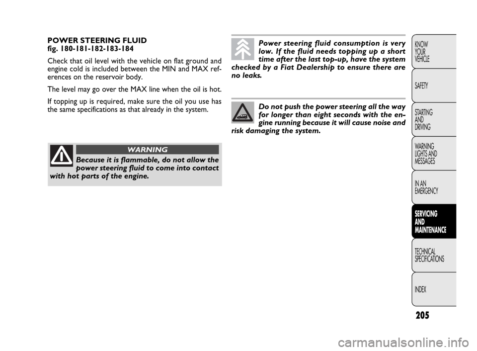 FIAT DOBLO 2009 2.G Owners Manual 205
KNOW
YOUR
VEHICLE
SAFETY
STARTING
AND
DRIVING
WARNING
LIGHTS AND
MESSAGES
IN AN
EMERGENCY
SERVICING
AND
MAINTENANCE
TECHNICAL
SPECIFICATIONS
INDEXPOWER STEERING FLUID
fig. 180-181-182-183-184 FIAT DOBLO 2009 2.G Owners Manual 205
KNOW
YOUR
VEHICLE
SAFETY
STARTING
AND
DRIVING
WARNING
LIGHTS AND
MESSAGES
IN AN
EMERGENCY
SERVICING
AND
MAINTENANCE
TECHNICAL
SPECIFICATIONS
INDEXPOWER STEERING FLUID
fig. 180-181-182-183-184
