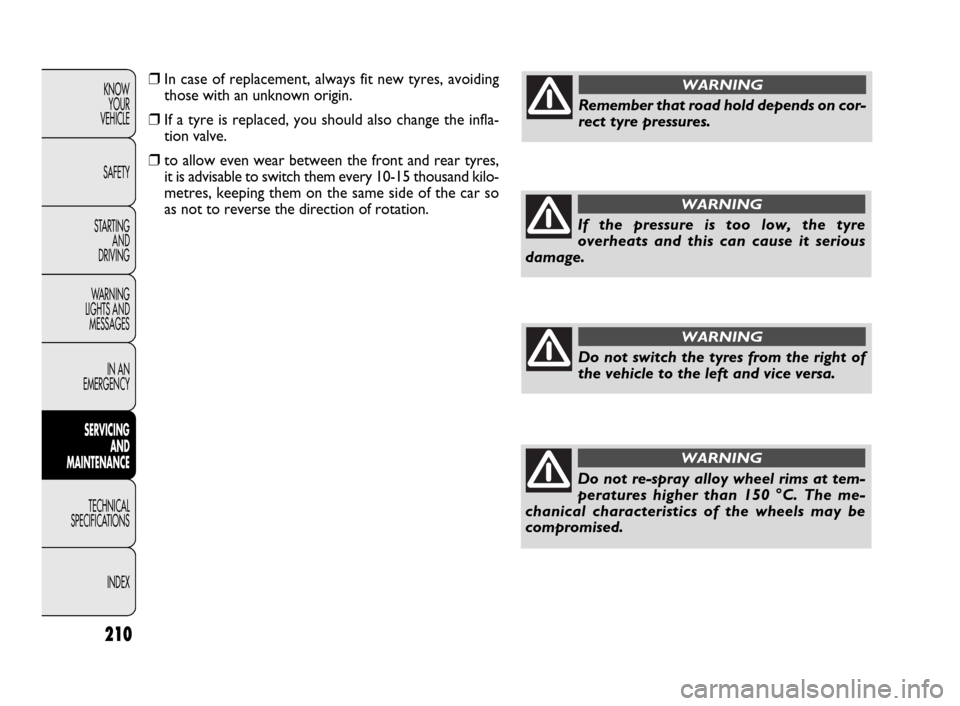 FIAT DOBLO 2009 2.G Owners Manual 210
KNOW
YOUR
VEHICLE
SAFETY
STARTING
AND
DRIVING
WARNING
LIGHTS AND
MESSAGES
IN AN
EMERGENCY
SERVICING
AND
MAINTENANCE
TECHNICAL
SPECIFICATIONS
INDEX❒In case of replacement, always fit new tyre FIAT DOBLO 2009 2.G Owners Manual 210
KNOW
YOUR
VEHICLE
SAFETY
STARTING
AND
DRIVING
WARNING
LIGHTS AND
MESSAGES
IN AN
EMERGENCY
SERVICING
AND
MAINTENANCE
TECHNICAL
SPECIFICATIONS
INDEX❒In case of replacement, always fit new tyre