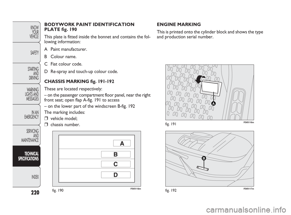 FIAT DOBLO 2009 2.G Owners Manual 220
KNOW
YOUR
VEHICLE
SAFETY
STARTING 
AND
DRIVING
WARNING 
LIGHTS AND
MESSAGES
IN AN 
EMERGENCY
SERVICING
AND
MAINTENANCE
TECHNICAL
SPECIFICATIONS
INDEX
F0V0118mfig. 190F0V0117mfig. 192
F0V0116mfig. 