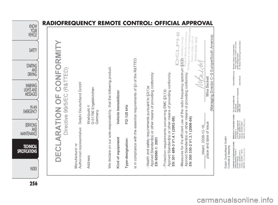 FIAT DOBLO 2009 2.G Owners Manual 256
KNOW
YOUR
VEHICLE
SAFETY
STARTING 
AND
DRIVING
WARNING 
LIGHTS AND
MESSAGES
IN AN 
EMERGENCY
SERVICING
AND
MAINTENANCE
TECHNICAL
SPECIFICATIONS
INDEX
RADIOFREQUENCY REMOTE CONTROL: OFFICIAL APPROV