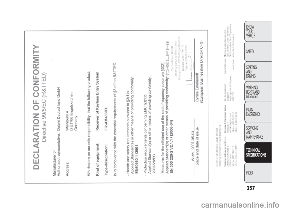 FIAT DOBLO 2009 2.G Owners Manual 257
KNOW
YOUR
VEHICLE
SAFETY
STARTING
AND
DRIVING
WARNING
LIGHTS AND
MESSAGES
IN AN
EMERGENCY
SERVICING
AND
MAINTENANCE
TECHNICAL
SPECIFICATIONS
INDEX FIAT DOBLO 2009 2.G Owners Manual 257
KNOW
YOUR
VEHICLE
SAFETY
STARTING
AND
DRIVING
WARNING
LIGHTS AND
MESSAGES
IN AN
EMERGENCY
SERVICING
AND
MAINTENANCE
TECHNICAL
SPECIFICATIONS
INDEX