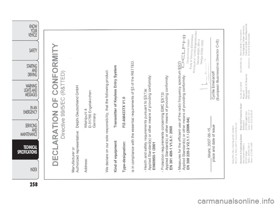 FIAT DOBLO 2009 2.G Owners Manual 258
KNOW
YOUR
VEHICLE
SAFETY
STARTING
AND
DRIVING
WARNING
LIGHTS AND
MESSAGES
IN AN
EMERGENCY
SERVICING
AND
MAINTENANCE
TECHNICAL
SPECIFICATIONS
INDEX FIAT DOBLO 2009 2.G Owners Manual 258
KNOW
YOUR
VEHICLE
SAFETY
STARTING
AND
DRIVING
WARNING
LIGHTS AND
MESSAGES
IN AN
EMERGENCY
SERVICING
AND
MAINTENANCE
TECHNICAL
SPECIFICATIONS
INDEX