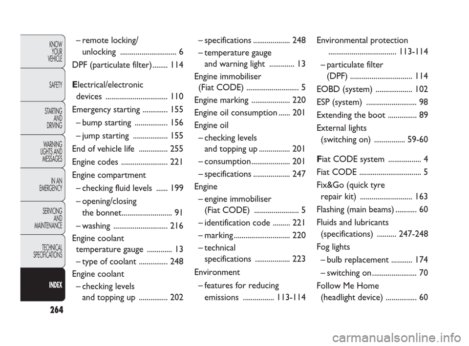 FIAT DOBLO 2009 2.G Owners Manual 264
KNOW
YOUR
VEHICLE
SAFETY
STARTING 
AND
DRIVING
WARNING 
LIGHTS AND
MESSAGES
IN AN 
EMERGENCY
SERVICING
AND
MAINTENANCE
TECHNICAL
SPECIFICATIONS
INDEX
– remote locking/
unlocking ................