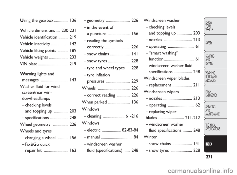 FIAT DOBLO 2009 2.G Owners Manual 271
KNOW
YOUR
VEHICLE
SAFETY
STARTING 
AND
DRIVING
WARNING 
LIGHTS AND
MESSAGES
IN AN 
EMERGENCY
SERVICING
AND
MAINTENANCE
TECHNICAL
SPECIFICATIONS
INDEX
Using the gearbox ............... 136
Vehicle 