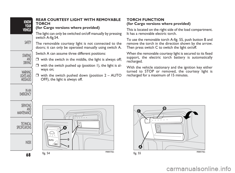 FIAT DOBLO 2009 2.G Repair Manual 68
KNOW
YOUR
VEHICLE
SAFETY
STARTING 
AND
DRIVING
WARNING 
LIGHTS AND
MESSAGES
IN AN 
EMERGENCY
SERVICING
AND
MAINTENANCE
TECHNICAL
SPECIFICATIONS
INDEX


F0V0174mfig. 55
TORCH FUNCTION 
(for Carg