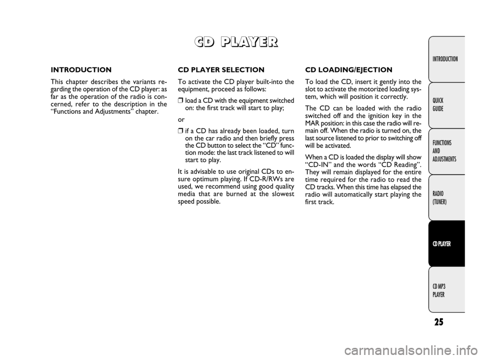 FIAT DOBLO 2009 2.G Radio CD MP3 Manual 25 25
INTRODUCTION
FUNCTIONS
AND
ADJUSTMENTS
RADIO
(TUNER)
CD PLAYER
CD MP3
PLAYER QUICK
GUIDE
INTRODUCTION
This chapter describes the variants re-
garding the operation of the CD player: as
far as FIAT DOBLO 2009 2.G Radio CD MP3 Manual 25 25
INTRODUCTION
FUNCTIONS
AND
ADJUSTMENTS
RADIO
(TUNER)
CD PLAYER
CD MP3
PLAYER QUICK
GUIDE
INTRODUCTION
This chapter describes the variants re-
garding the operation of the CD player: as
far as