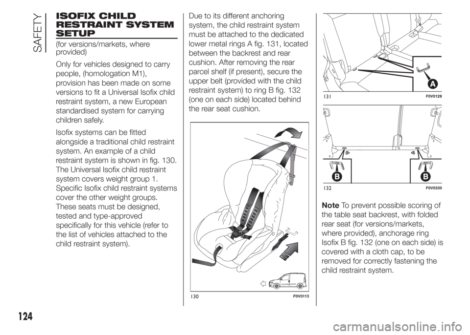 FIAT DOBLO COMBI 2015 2.G User Guide ISOFIX CHILD
RESTRAINT SYSTEM
SETUP
(for versions/markets, where
provided)
Only for vehicles designed to carry
people, (homologation M1),
provision has been made on some
versions to fit a Universal Is