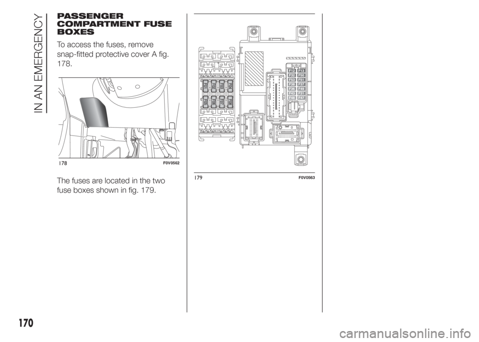 FIAT DOBLO COMBI 2015 2.G Owners Manual PASSENGER
COMPARTMENT FUSE
BOXES
To access the fuses, remove
snap-fitted protective cover A fig.
178.
The fuses are located in the two
fuse boxes shown in fig. 179.
178F0V0562
179F0V0563
170
IN AN EME