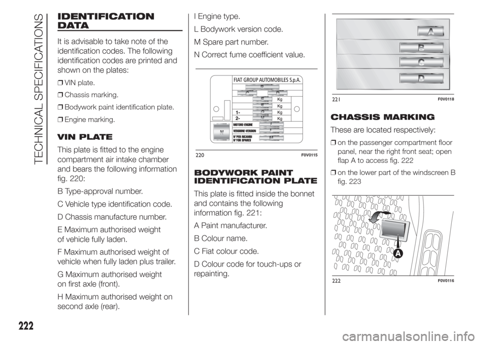 FIAT DOBLO COMBI 2015 2.G Owners Manual IDENTIFICATION
DATA
It is advisable to take note of the
identification codes. The following
identification codes are printed and
shown on the plates:
❒VIN plate.
❒Chassis marking.
❒Bodywork pain