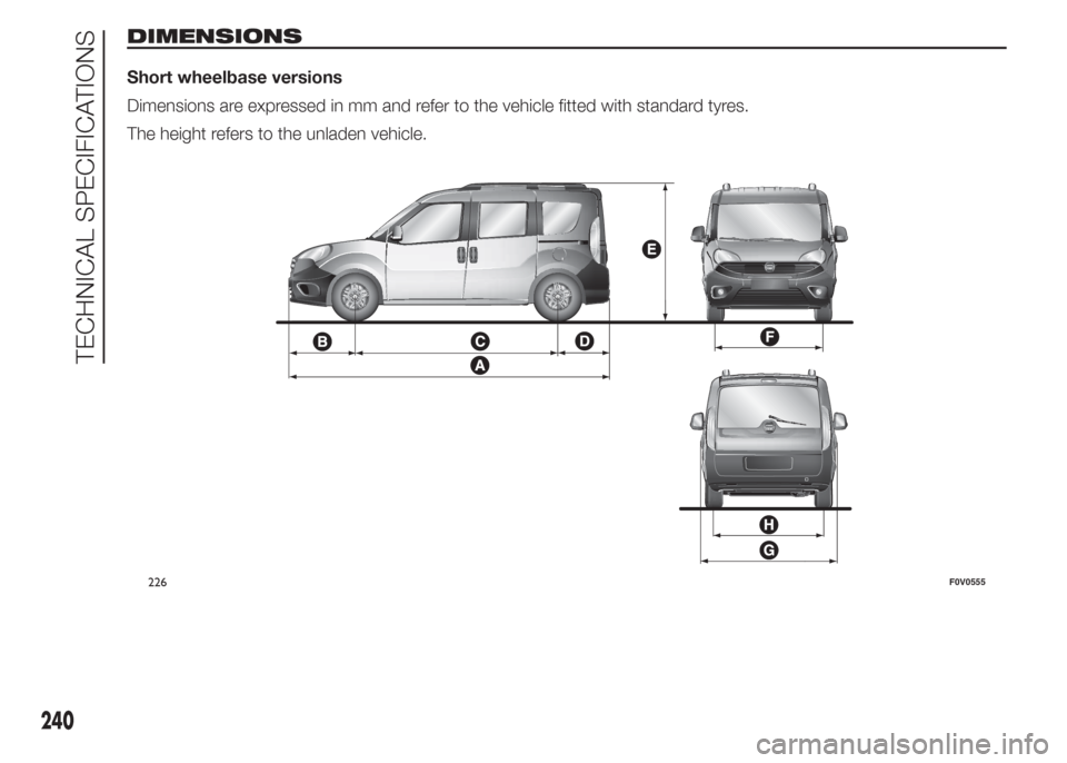 FIAT DOBLO COMBI 2015 2.G Owners Manual DIMENSIONS
Short wheelbase versions
Dimensions are expressed in mm and refer to the vehicle fitted with standard tyres.
The height refers to the unladen vehicle.
226F0V0555
240
TECHNICAL SPECIFICATION FIAT DOBLO COMBI 2015 2.G Owners Manual DIMENSIONS
Short wheelbase versions
Dimensions are expressed in mm and refer to the vehicle fitted with standard tyres.
The height refers to the unladen vehicle.
226F0V0555
240
TECHNICAL SPECIFICATION