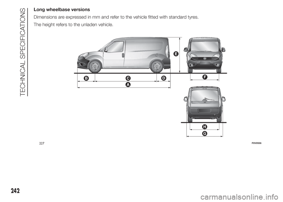 FIAT DOBLO COMBI 2015 2.G Owners Manual Long wheelbase versions
Dimensions are expressed in mm and refer to the vehicle fitted with standard tyres.
The height refers to the unladen vehicle.
227F0V0556
242
TECHNICAL SPECIFICATIONS FIAT DOBLO COMBI 2015 2.G Owners Manual Long wheelbase versions
Dimensions are expressed in mm and refer to the vehicle fitted with standard tyres.
The height refers to the unladen vehicle.
227F0V0556
242
TECHNICAL SPECIFICATIONS