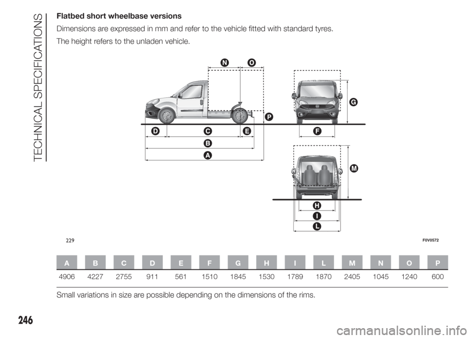 FIAT DOBLO COMBI 2015 2.G Owners Manual Flatbed short wheelbase versions
Dimensions are expressed in mm and refer to the vehicle fitted with standard tyres.
The height refers to the unladen vehicle.
ABCDE FGH I LMNOP
4906 4227 2755 911 561 FIAT DOBLO COMBI 2015 2.G Owners Manual Flatbed short wheelbase versions
Dimensions are expressed in mm and refer to the vehicle fitted with standard tyres.
The height refers to the unladen vehicle.
ABCDE FGH I LMNOP
4906 4227 2755 911 561