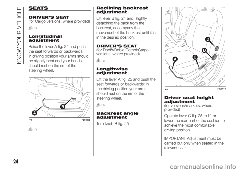 FIAT DOBLO COMBI 2015 2.G Owners Manual SEATS
DRIVER’S SEAT
(for Cargo versions, where provided)
15)
Longitudinal
adjustment
Raise the lever A fig. 24 and push
the seat forwards or backwards:
in driving position your arms should
be slight