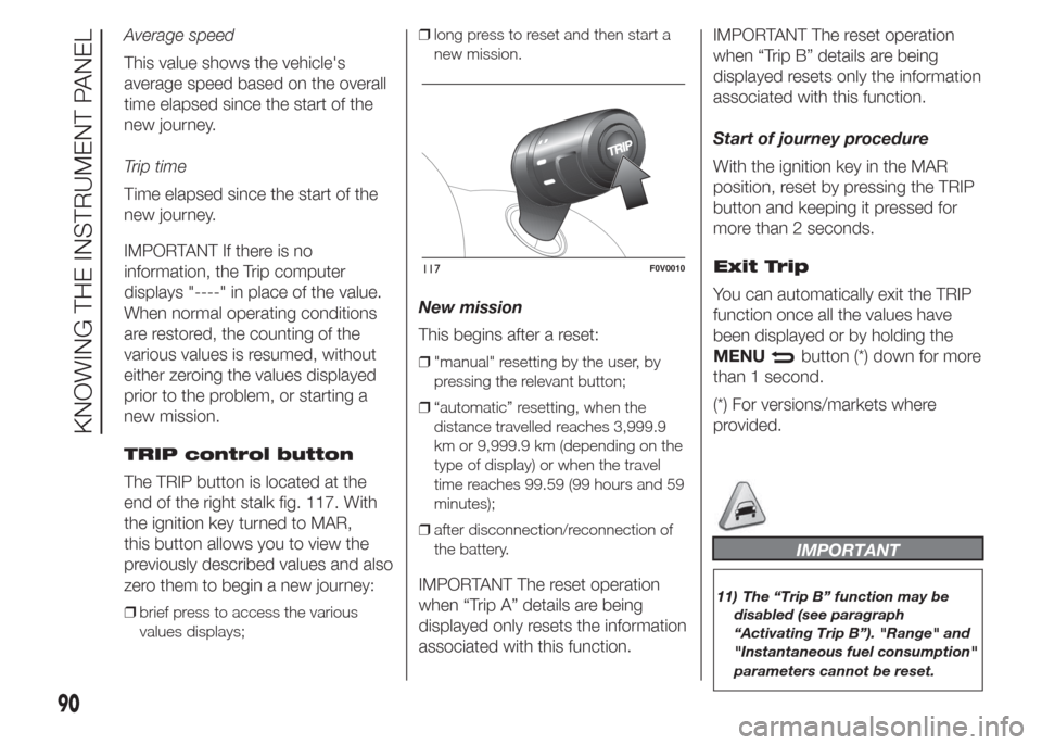 FIAT DOBLO COMBI 2015 2.G Owners Manual Average speed
This value shows the vehicles
average speed based on the overall
time elapsed since the start of the
new journey.
Trip time
Time elapsed since the start of the
new journey.
IMPORTANT If
