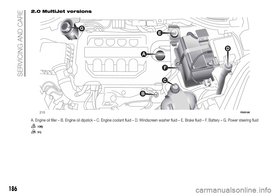 FIAT DOBLO COMBI 2016 2.G Manual PDF 2.0 MultiJet versions
A. Engine oil filler – B. Engine oil dipstick – C. Engine coolant fluid – D. Windscreen washer fluid – E. Brake fluid – F. Battery – G. Power steering fluid
136)
31)
FIAT DOBLO COMBI 2016 2.G Manual PDF 2.0 MultiJet versions
A. Engine oil filler – B. Engine oil dipstick – C. Engine coolant fluid – D. Windscreen washer fluid – E. Brake fluid – F. Battery – G. Power steering fluid
136)
31)