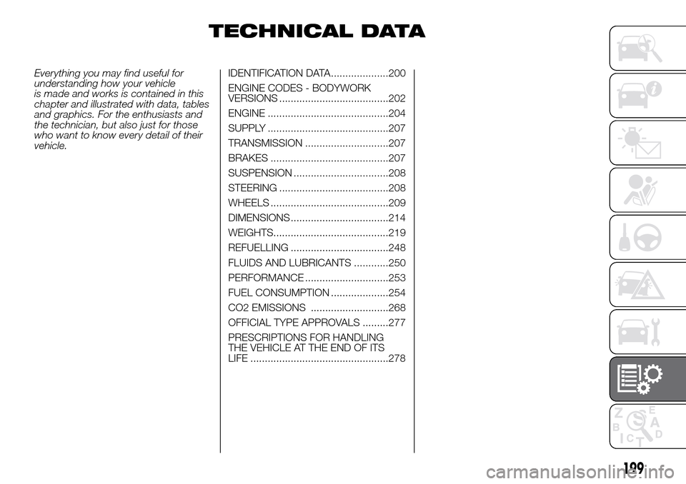 FIAT DOBLO COMBI 2016 2.G Owners Manual TECHNICAL DATA
Everything you may find useful for
understanding how your vehicle
is made and works is contained in this
chapter and illustrated with data, tables
and graphics. For the enthusiasts and
