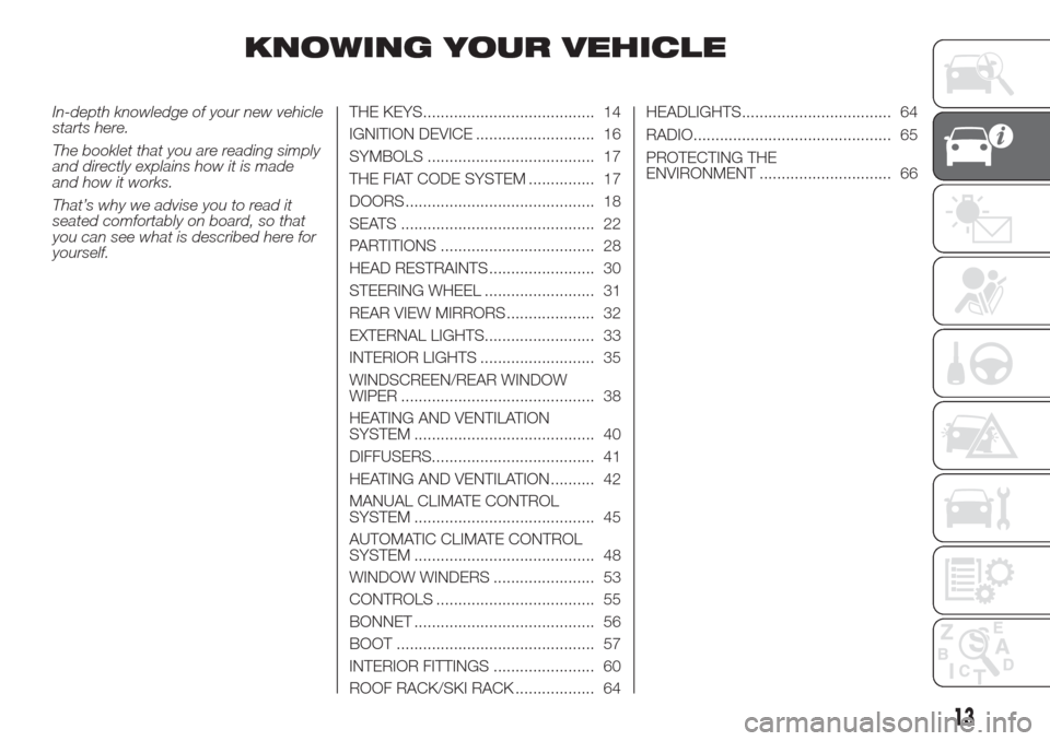 FIAT DOBLO COMBI 2017 2.G Owners Manual KNOWING YOUR VEHICLE
In-depth knowledge of your new vehicle
starts here.
The booklet that you are reading simply
and directly explains how it is made
and how it works.
That’s why we advise you to re FIAT DOBLO COMBI 2017 2.G Owners Manual KNOWING YOUR VEHICLE
In-depth knowledge of your new vehicle
starts here.
The booklet that you are reading simply
and directly explains how it is made
and how it works.
That’s why we advise you to re
