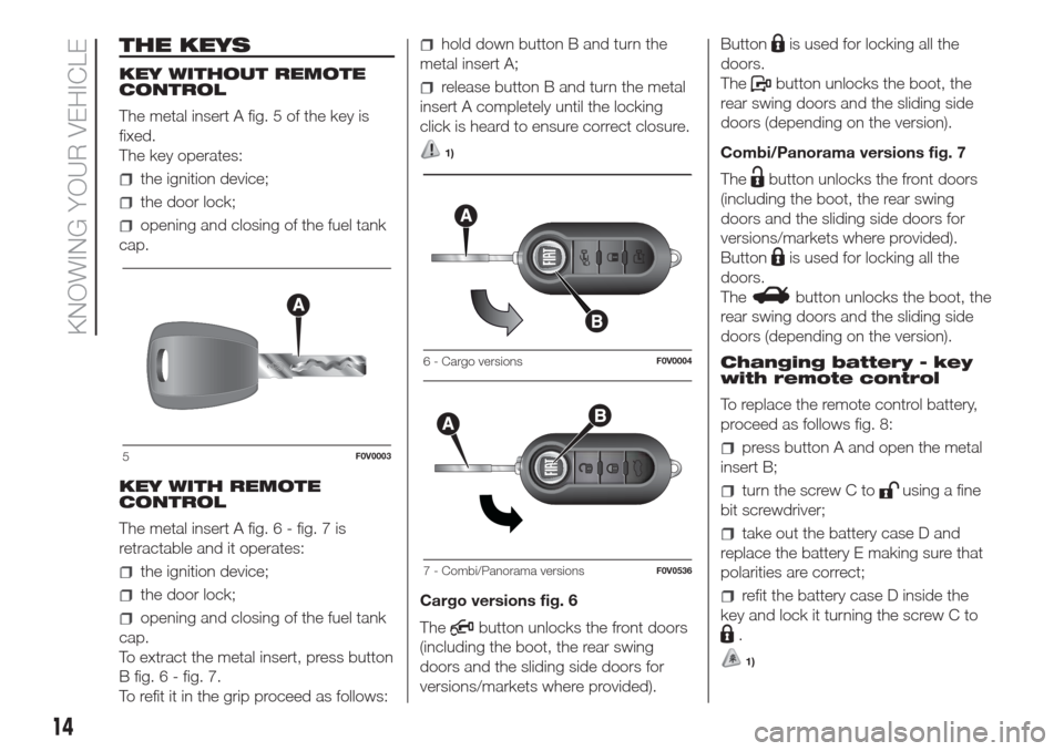 FIAT DOBLO COMBI 2017 2.G Owners Manual THE KEYS
KEY WITHOUT REMOTE
CONTROL
The metal insert A fig. 5 of the key is
fixed.
The key operates:
the ignition device;
the door lock;
opening and closing of the fuel tank
cap.
KEY WITH REMOTE
CONTR FIAT DOBLO COMBI 2017 2.G Owners Manual THE KEYS
KEY WITHOUT REMOTE
CONTROL
The metal insert A fig. 5 of the key is
fixed.
The key operates:
the ignition device;
the door lock;
opening and closing of the fuel tank
cap.
KEY WITH REMOTE
CONTR