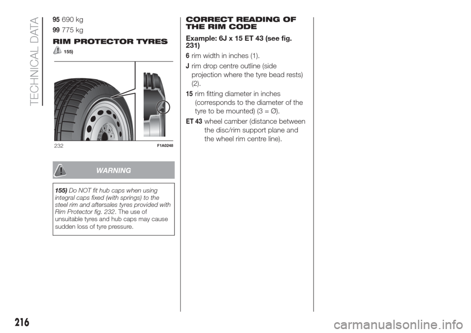 FIAT DOBLO COMBI 2017 2.G Owners Manual 95690 kg
99775 kg
RIM PROTECTOR TYRES
155)
WARNING
155)Do NOT fit hub caps when using
integral caps fixed (with springs) to the
steel rim and aftersales tyres provided with
Rim Protector fig. 232. The FIAT DOBLO COMBI 2017 2.G Owners Manual 95690 kg
99775 kg
RIM PROTECTOR TYRES
155)
WARNING
155)Do NOT fit hub caps when using
integral caps fixed (with springs) to the
steel rim and aftersales tyres provided with
Rim Protector fig. 232. The