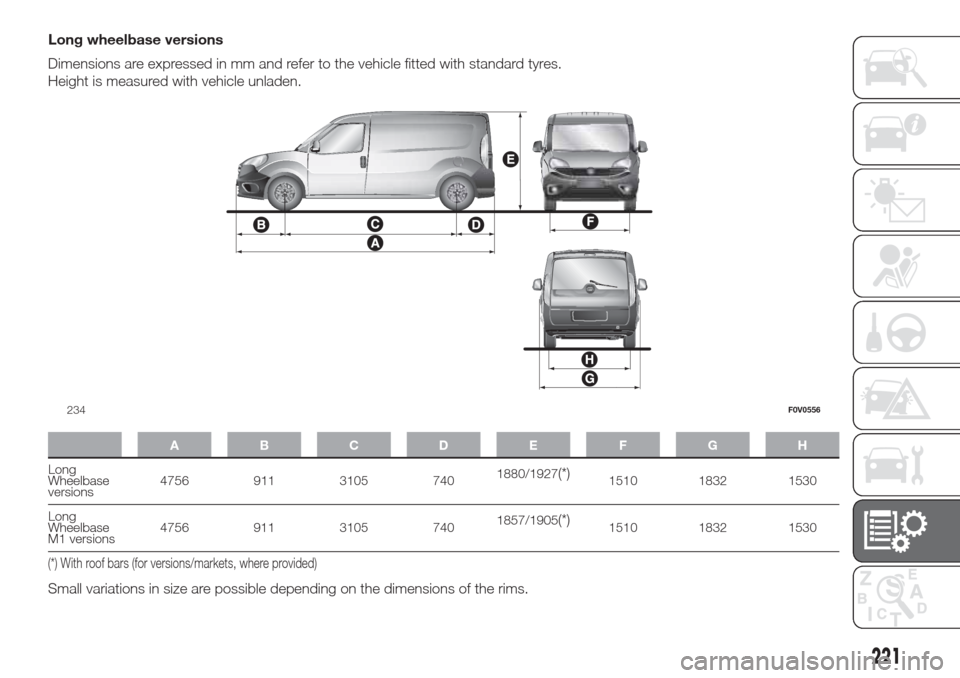 FIAT DOBLO COMBI 2017 2.G Owners Manual Long wheelbase versions
Dimensions are expressed in mm and refer to the vehicle fitted with standard tyres.
Height is measured with vehicle unladen.
ABCDE FGH
Long
Wheelbase
versions4756 911 3105 7401