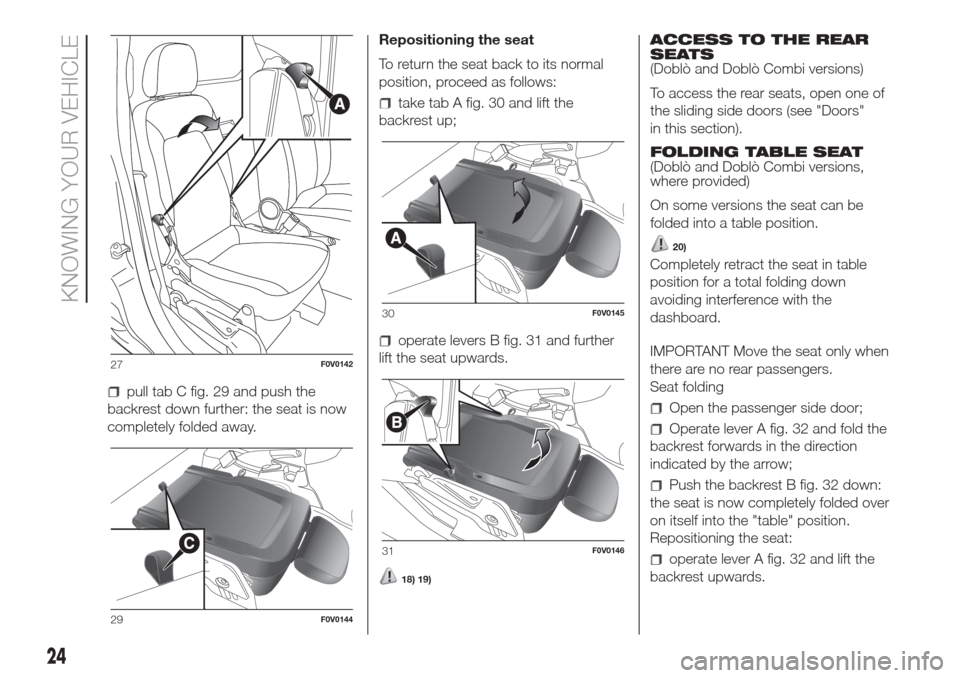 FIAT DOBLO COMBI 2017 2.G Owners Manual pull tab C fig. 29 and push the
backrest down further: the seat is now
completely folded away.Repositioning the seat
To return the seat back to its normal
position, proceed as follows:
take tab A fig.