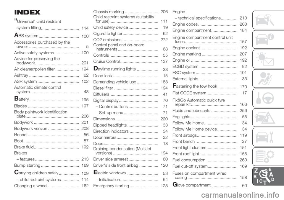 FIAT DOBLO COMBI 2017 2.G Owners Manual INDEX
"
Universal" child restraint
system fitting
................................ 114
ABS system
.................................. 100
Accessories purchased by the
owner ............................