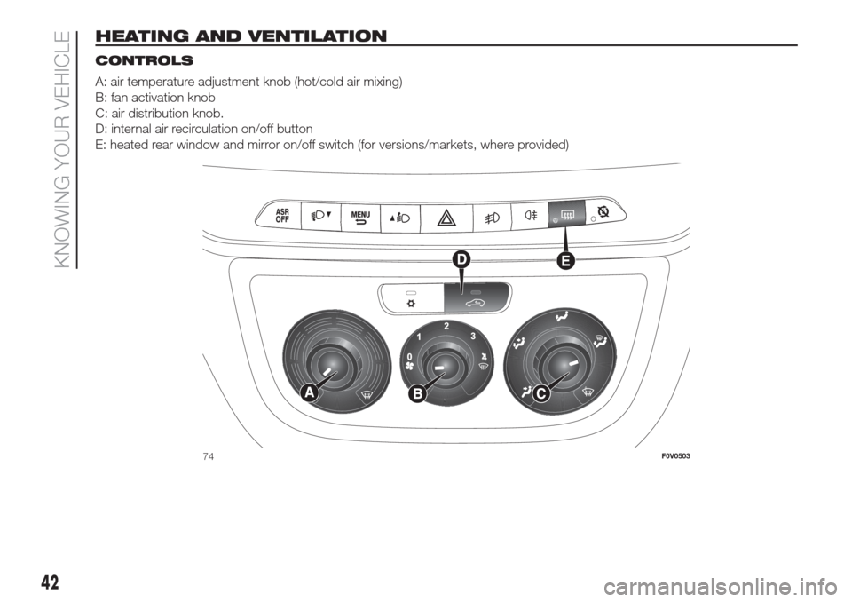 FIAT DOBLO COMBI 2017 2.G Owners Manual HEATING AND VENTILATION.
CONTROLS
A: air temperature adjustment knob (hot/cold air mixing)
B: fan activation knob
C: air distribution knob.
D: internal air recirculation on/off button
E: heated rear w FIAT DOBLO COMBI 2017 2.G Owners Manual HEATING AND VENTILATION.
CONTROLS
A: air temperature adjustment knob (hot/cold air mixing)
B: fan activation knob
C: air distribution knob.
D: internal air recirculation on/off button
E: heated rear w