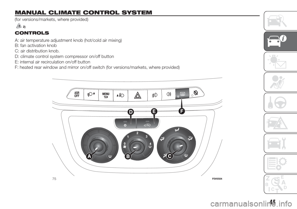 FIAT DOBLO COMBI 2017 2.G Service Manual MANUAL CLIMATE CONTROL SYSTEM
2)
(for versions/markets, where provided)
.
CONTROLS
A: air temperature adjustment knob (hot/cold air mixing)
B: fan activation knob
C: air distribution knob.
D: climate 