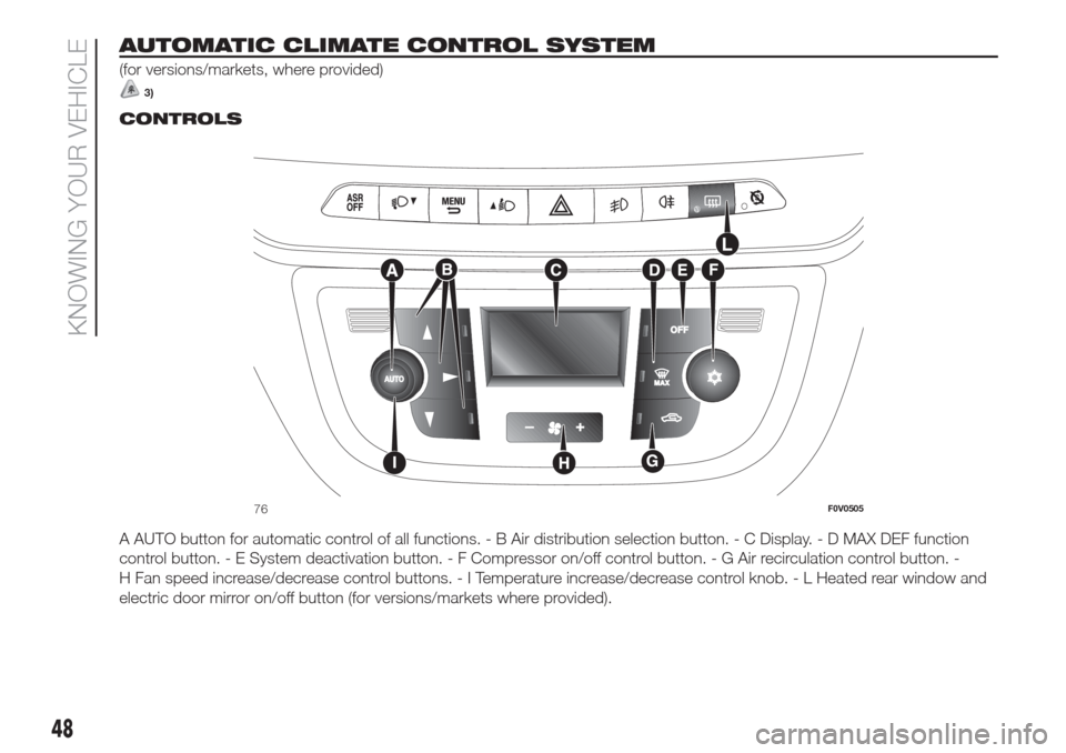 FIAT DOBLO COMBI 2017 2.G Owners Manual AUTOMATIC CLIMATE CONTROL SYSTEM
(for versions/markets, where provided)
3).
CONTROLS
A AUTO button for automatic control of all functions. - B Air distribution selection button. - C Display. - D MAX D