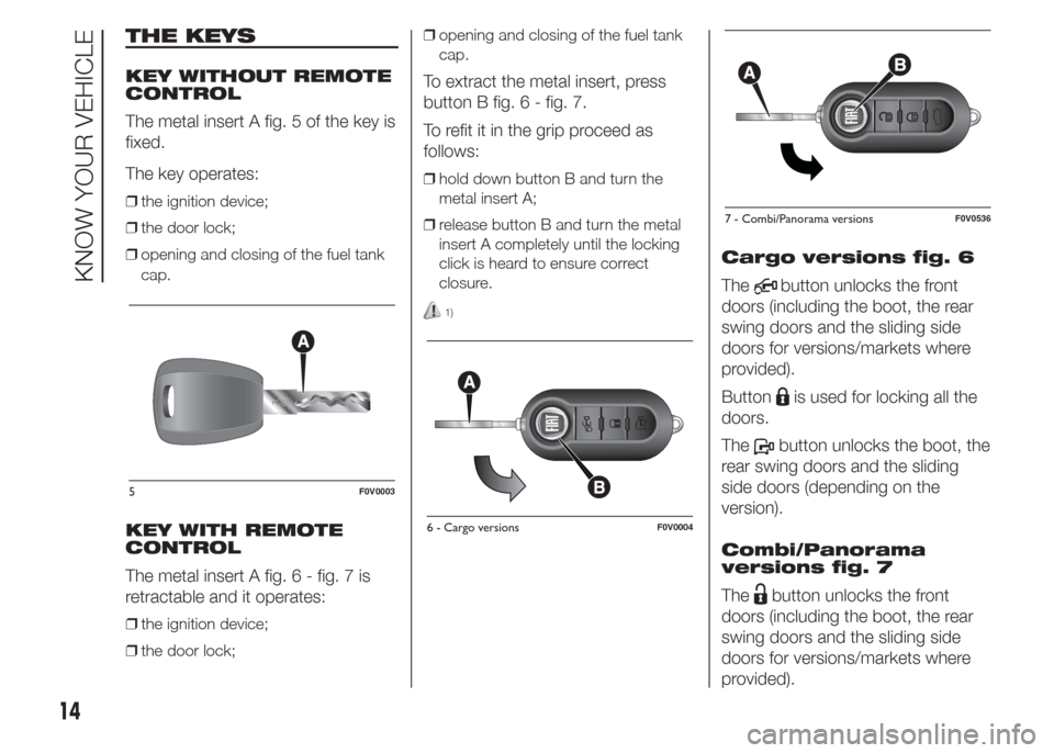 FIAT DOBLO PANORAMA 2015 2.G User Guide THE KEYS
KEY WITHOUT REMOTE
CONTROL
The metal insert A fig. 5 of the key is
fixed.
The key operates:
❒the ignition device;
❒the door lock;
❒opening and closing of the fuel tank
cap.
KEY WITH REM FIAT DOBLO PANORAMA 2015 2.G User Guide THE KEYS
KEY WITHOUT REMOTE
CONTROL
The metal insert A fig. 5 of the key is
fixed.
The key operates:
❒the ignition device;
❒the door lock;
❒opening and closing of the fuel tank
cap.
KEY WITH REM