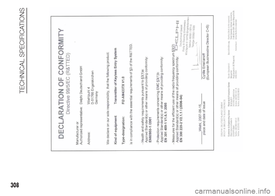 FIAT DOBLO PANORAMA 2015 2.G Owners Manual 308
TECHNICAL SPECIFICATIONS 