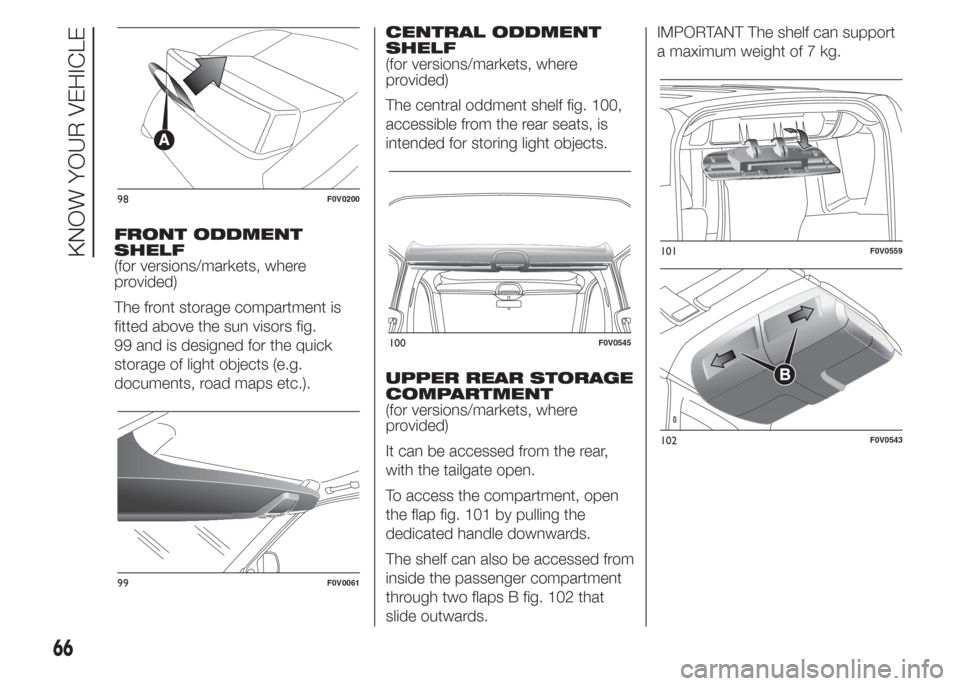 FIAT DOBLO PANORAMA 2015 2.G Repair Manual FRONT ODDMENT
SHELF
(for versions/markets, where
provided)
The front storage compartment is
fitted above the sun visors fig.
99 and is designed for the quick
storage of light objects (e.g.
documents, 